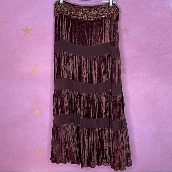 Persaman New York Crushed Velvet Peasant Skirt Brown w/ Sequins Size 10 - Picture 2 of 7